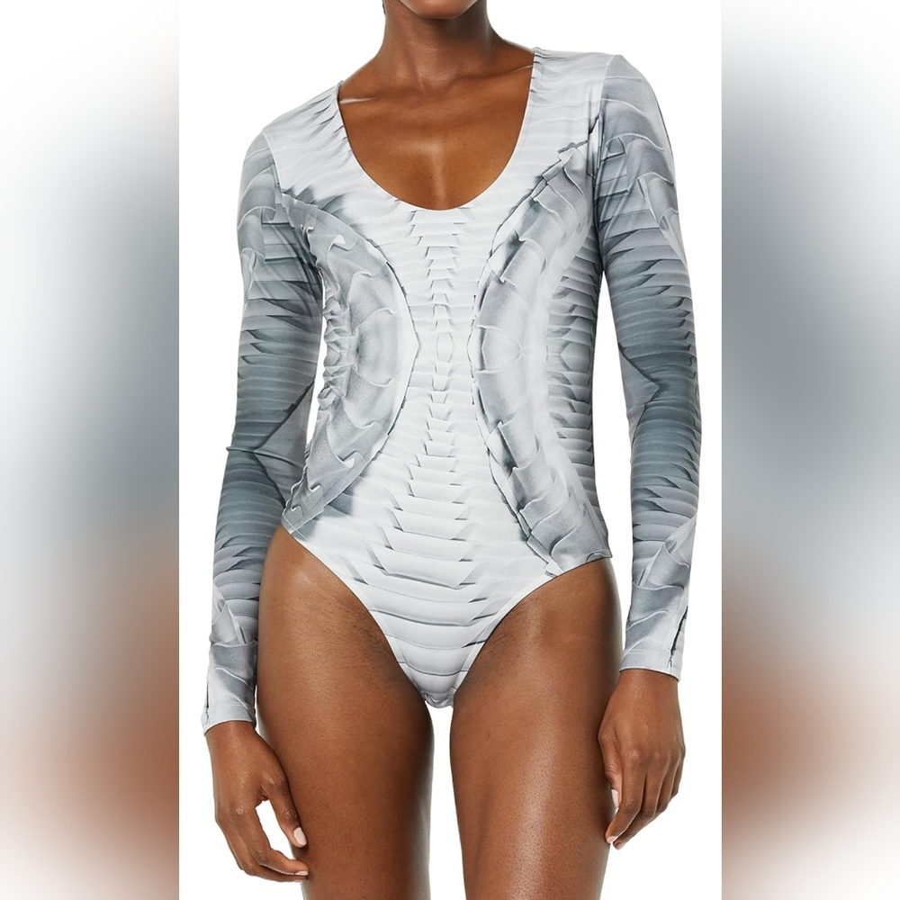 XS Grey Print Long Sleeve Scooped Bodysuit See Picture For Size Guide